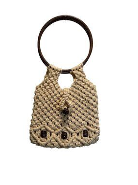 Handmade Macrame Purse With Wooden Beads & Circular Handle - Beige Cotton Lined